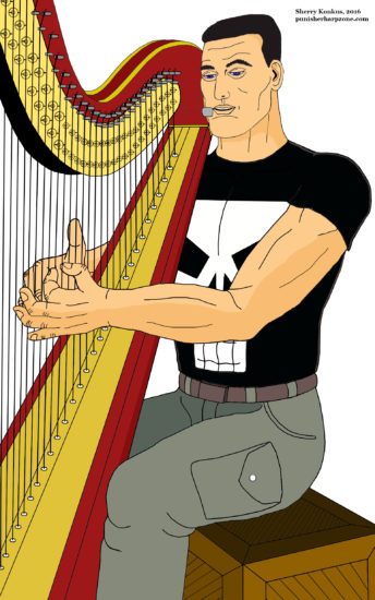 Steve Dillon's Punisher and his harp from The Punisher Harp Zone (www.franksharpzone-f3df.kxcdn.com/wp-content/)