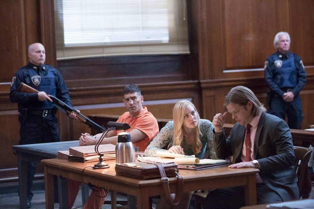 Frank, Karen, and Foggy in the courtroom. 