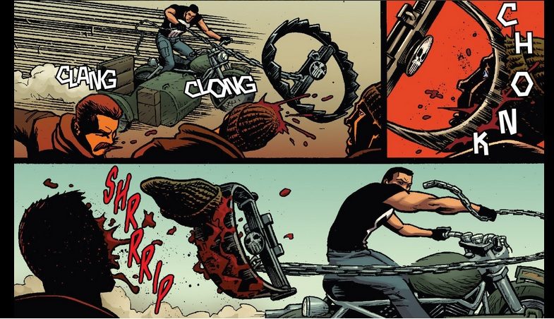 Who knew that a chain and a bear trap can make great lethal weapons against a bunch of thugs? From Punisher #10
