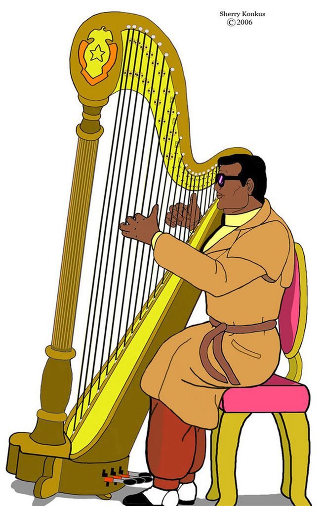 Bulletproof playing a harp on a brown harp. This is a drawing I made many years ago in 2006. 
